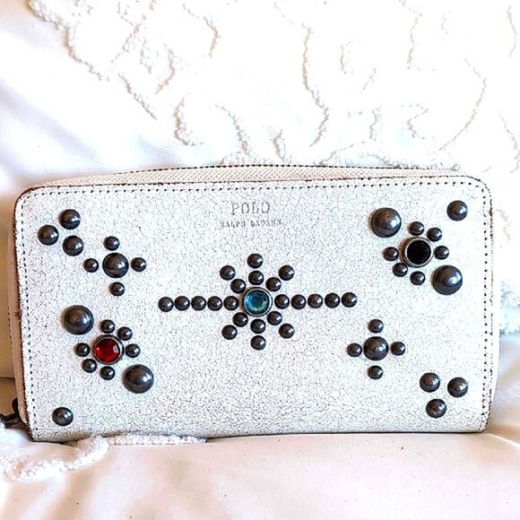 POLO Ralph Lauren Jewel/ Studded Ivory Distressed Zip Around Wallet NWOT - Picture 13 of 13